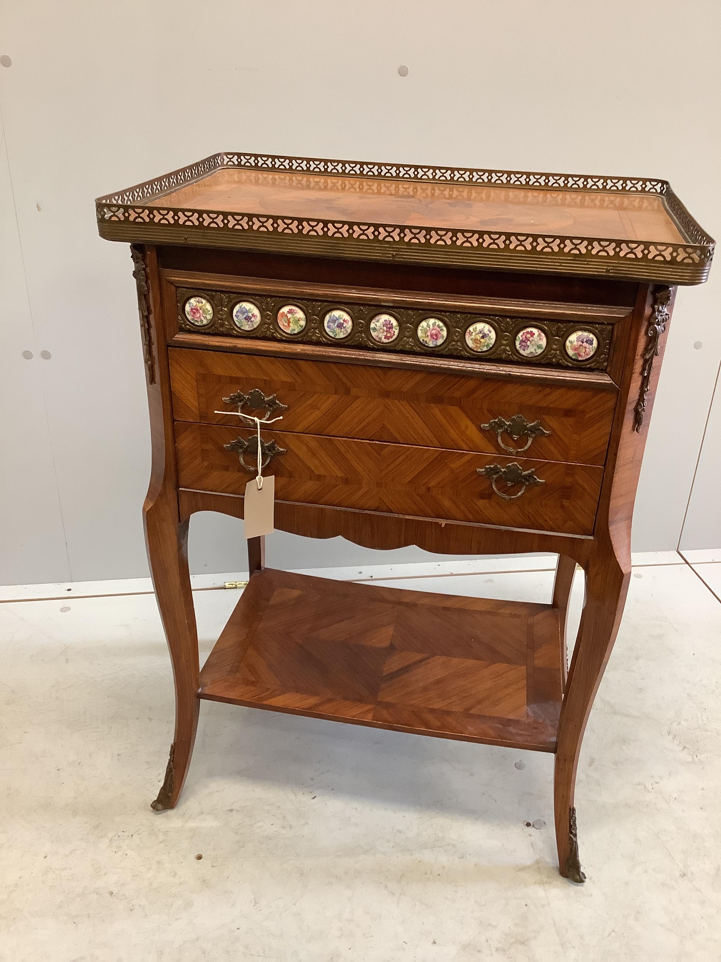 A Louis XVI style porcelain and gilt metal mounted inlaid kingwood two drawer chest, width 56cm, depth 38cm, height 80cm